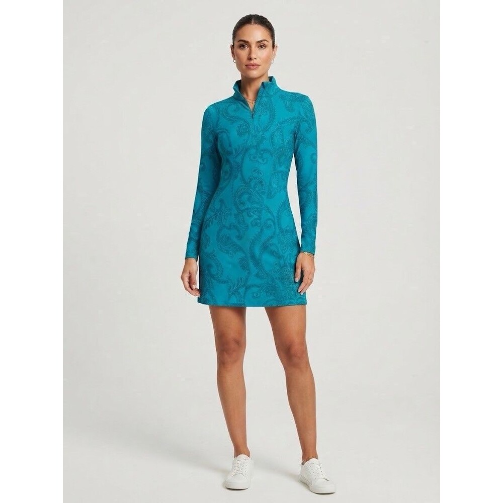 Tehama Long Sleeve Dress Size Small Brilliant Blue with Paisley Print Stretches